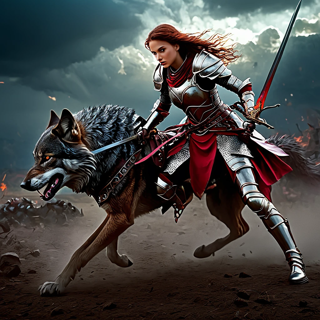 In this captivating fantasy illustration, a fearless female knight adorns an intricate armor made of ruby and polymer materials. She lunges forward with agility and grace, her sword drawn and ready. The background is a chaotic battlefield, filled with mutant creatures and dark, ominous clouds. Her loyal companion, a massive, powerful magical wolf, stands by her side, ready to protect her from any danger. The 3D render of this artwork is visually striking, with dynamic lighting and a high level of detail, making it perfect for a poster or illustration, Cinematic film still, shot on v-raptor XL, film grain, vignette, color graded, post-processed, cinematic lighting, 35mm film, live-action, best quality, atmospheric, a masterpiece, epic, stunning, dramatic
