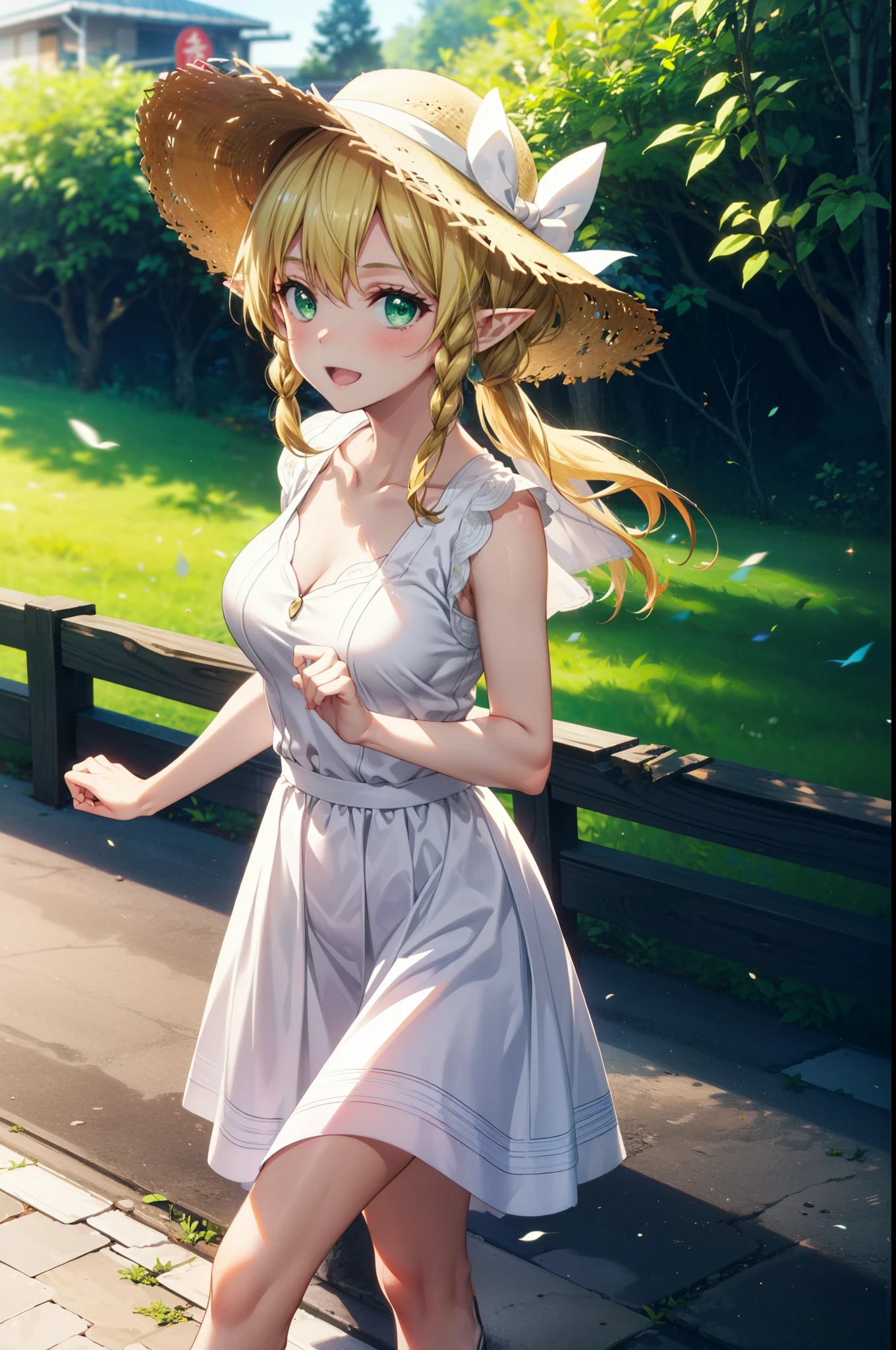 Suguhakirigaya, Suguhakirigaya, Long Hair,Blonde,Green Eyes,Pointy Ears,Short braids,,happy smile, smile, Open your mouth,Big Breasts,White straw hat,White sleeveless dress, bare arms,Green long skirt,Cute Sandals,Walking,Clear skies,whole bodyがイラストに入るように,
break outdoors, nature, forest, 
break looking at viewer, whole body,
break (masterpiece:1.2), Highest quality, High resolution, unity 8k wallpaper, (shape:0.8), (Beautiful attention to detail:1.6), Highly detailed face, Perfect lighting, Extremely detailed CG, (Perfect hands, Perfect Anatomy),