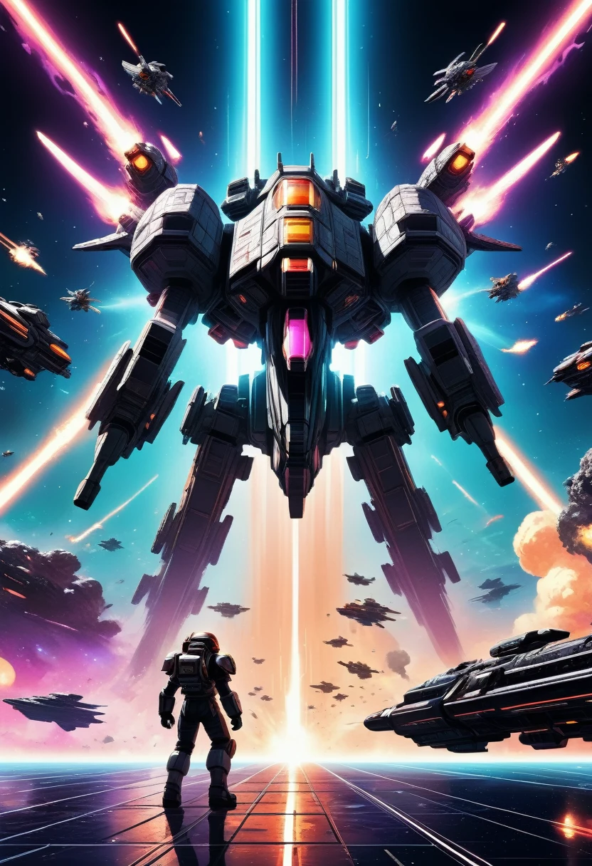 8k, high quality, futuristic space battle, intense space combat, retro 8-bit pixel art, powerful visual effects, cinematic lighting, dynamic camera angles, vivid color palette, deep shadows, neon glow, mechanical designs, intricate details, digital art, sci-fi, concept art