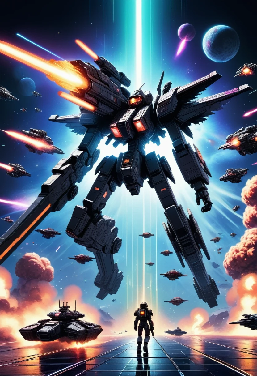8k, high quality, futuristic space battle, intense space combat, retro 8-bit pixel art, powerful visual effects, cinematic lighting, dynamic camera angles, vivid color palette, deep shadows, neon glow, mechanical designs, intricate details, digital art, sci-fi, concept art