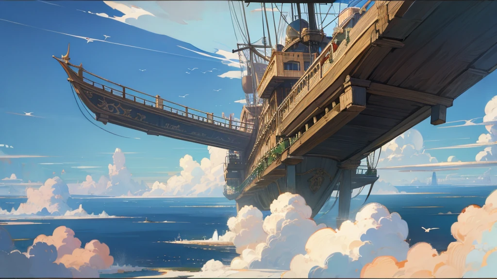 Anime Style,Nostalgic,Detailed background,The medieval world,Airship,Beautiful sky,Beautiful Elf with a Bard's Smile,guitar,Large Breasts,Healthy thighs