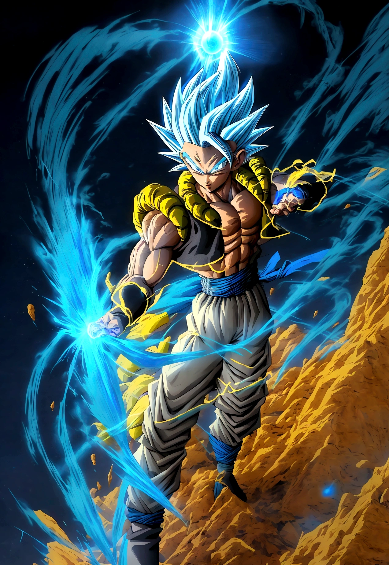 full body image, dragon ball super drawing style, gogita, fusion of gogeta and gogita, super saiyajin blue, blue fur, blue power aura, potara clays, black vest with yellow details, loose blue pants, cloth ribbon tied on the hip, white boots with yellow tips, white gloves