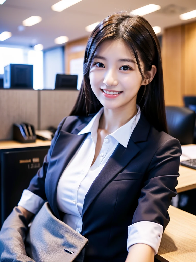 masterpiece、超High resolution、She is very cute and young like an idol...々A cute, 18-year-old businesswoman who is 140cm tall.、((She is 140cm tall))、Gentle and cute、A kind smile、bikini、Medium Bust、Working in an office with a business desk in a building　(He is having a conversation with a male employee wearing a suit.).　whole body、RAW Photos、Genuine、High resolution、Live Action