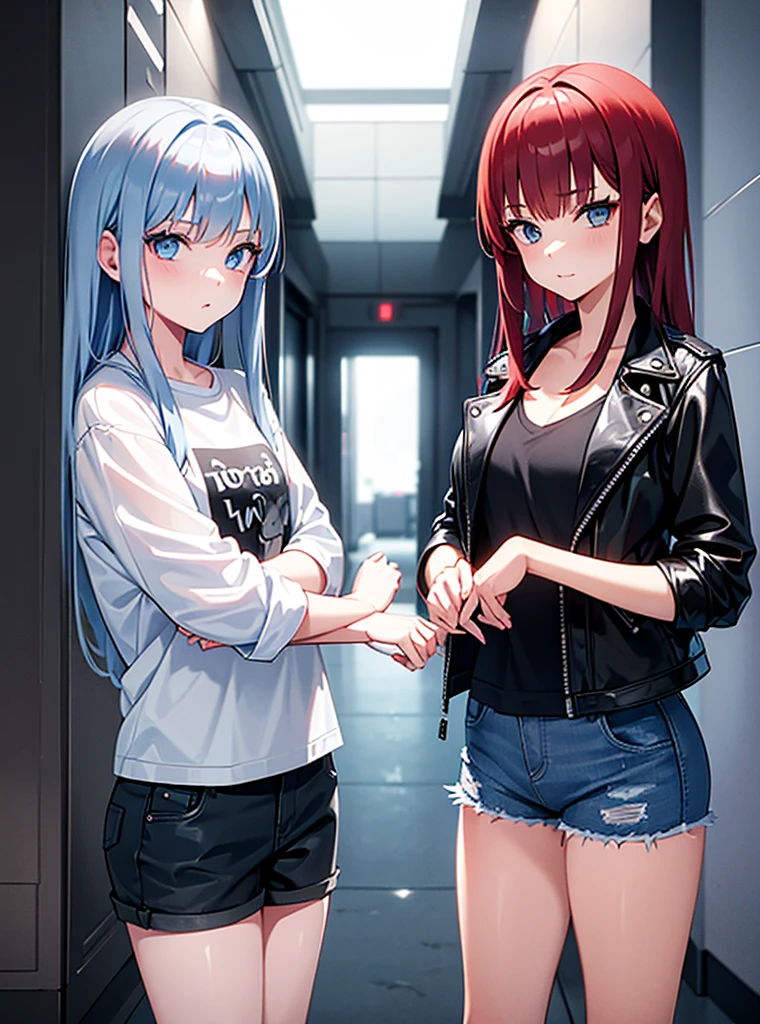 Two young girls, a young red-haired girl with blue eyes wearing a black leather jacket and a short white shirt with short blue denim shorts, and the second girl, a -yeld giwith long gray hair., blue eyes white short shirt, strong blue jeans