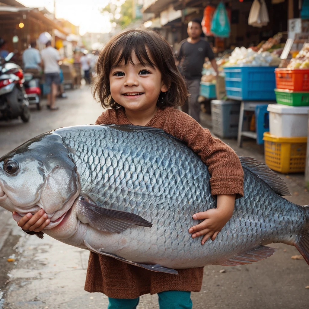 Picture a small carrying a super big fish, from market. with a cute expression