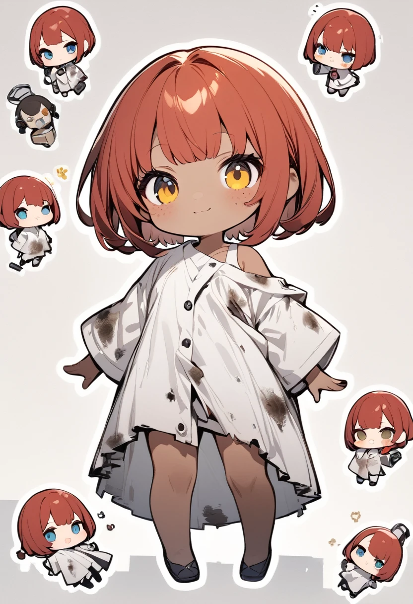 full body,1 girl, Android girl, (cute:1.3),red Hair, left eye blue, right eye yellow, tan skin, freckles, {Bare shoulders, oversized torn hospital gown, old, dirty material,chibi emote, chibi character