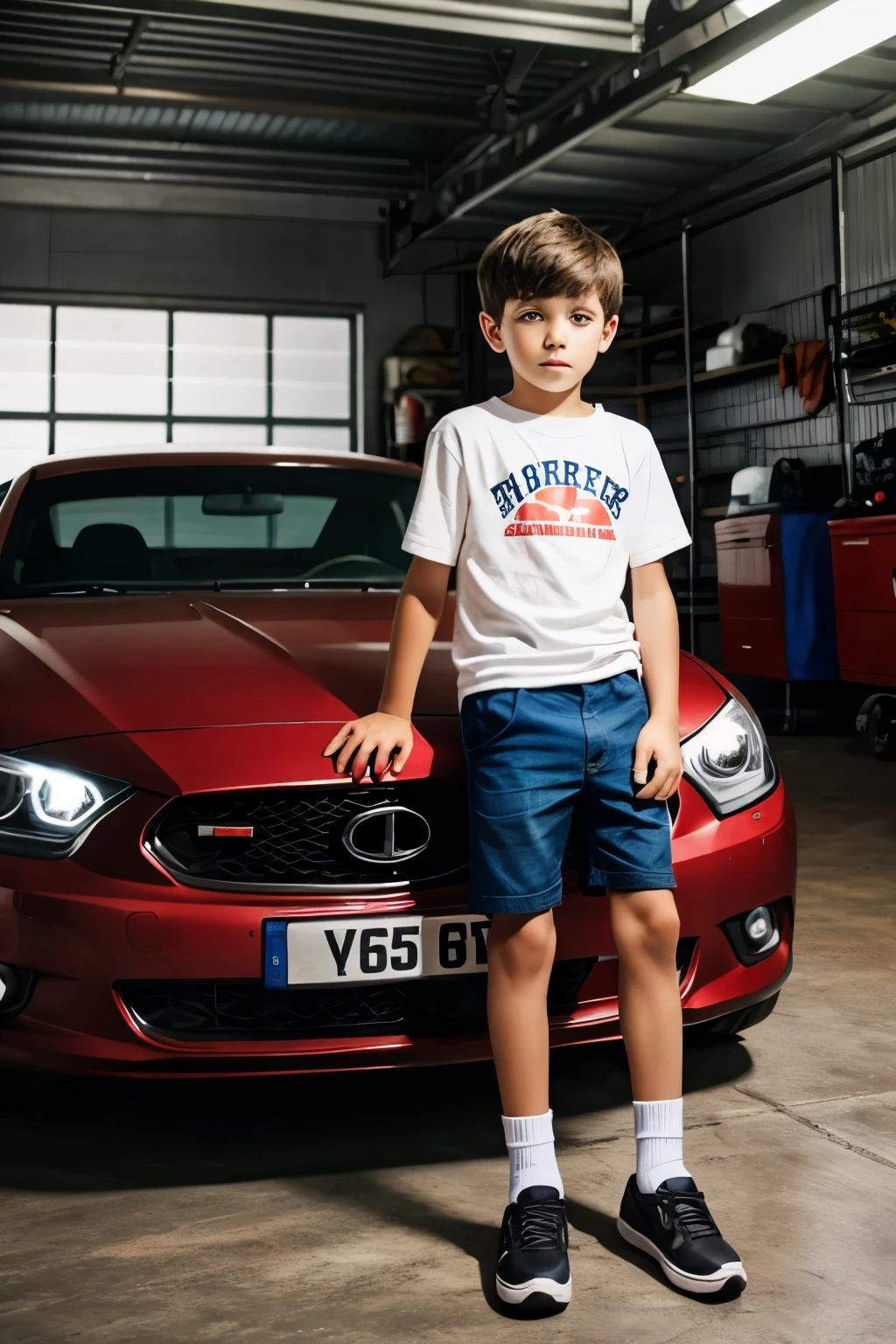 A boy in car garage