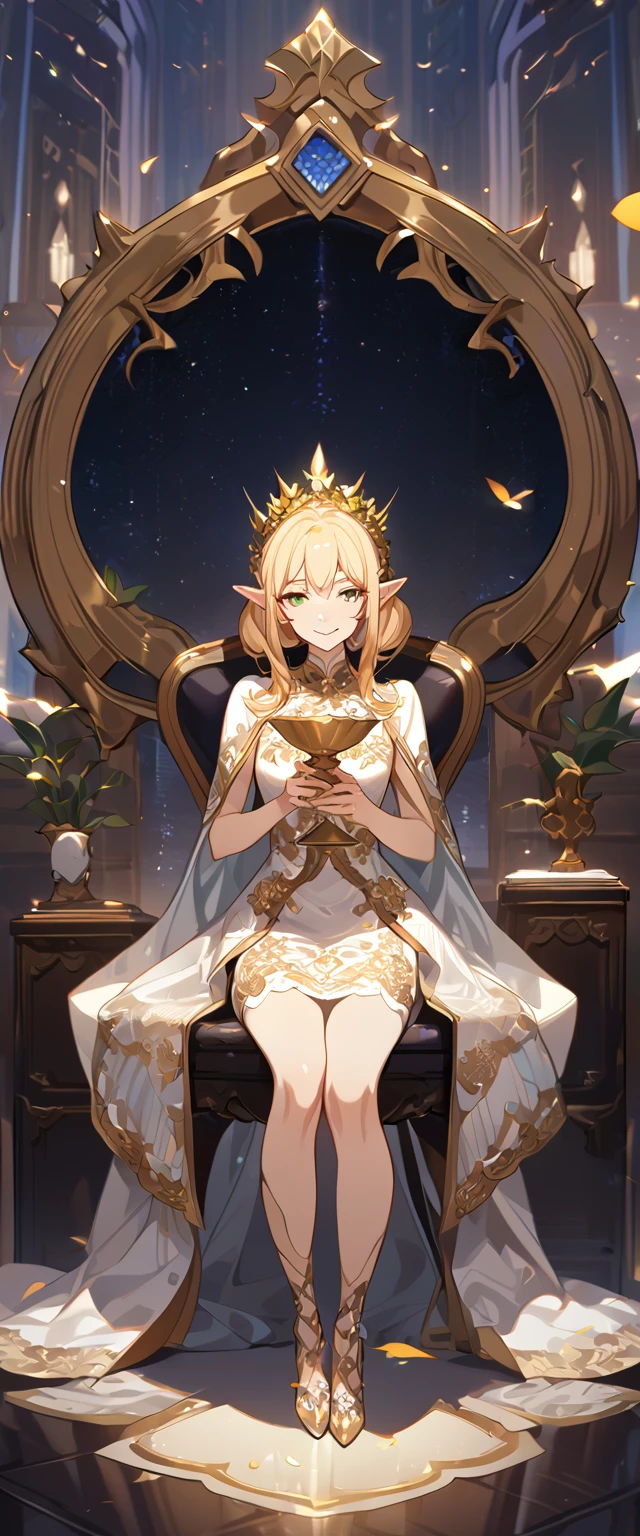 masterpiece, best quality, 8k ,4k , 1girl, elf queen, blond reddish hair, green eyes, big , gold wreath crown, hair ornament, finely detailed eyes and detailed face, looking at viewer, white sleeveless, Lace dress, patterned clothes, gold embroidery clothes, meticulous clothes, mature clothes, transparent cape with lace, majestic looks, smiling gently, small bird, full body, inspired by Asukaziye artist : ask, art style : ask
