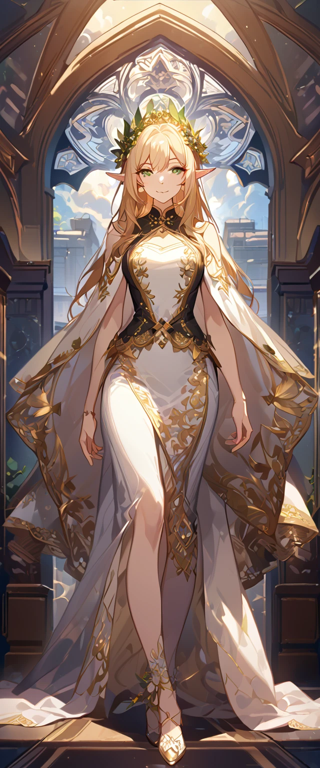 masterpiece, best quality, 8k ,4k , 1girl, elf queen, blond reddish hair, green eyes, big , gold wreath crown, hair ornament, finely detailed eyes and detailed face, looking at viewer, white sleeveless, Lace dress, patterned clothes, gold embroidery clothes, meticulous clothes, mature clothes, transparent cape with lace, majestic looks, smiling gently, small bird, full body, inspired by Asukaziye artist : ask, art style : ask