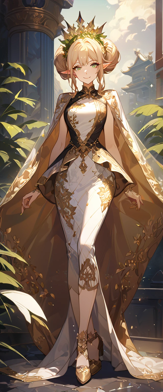 masterpiece, best quality, 8k ,4k , 1girl, elf queen, blond reddish hair, green eyes, big , gold wreath crown, hair ornament, finely detailed eyes and detailed face, looking at viewer, white sleeveless, Lace dress, patterned clothes, gold embroidery clothes, meticulous clothes, mature clothes, transparent cape with lace, majestic looks, smiling gently, small bird, full body, inspired by Asukaziye artist : ask, art style : ask
