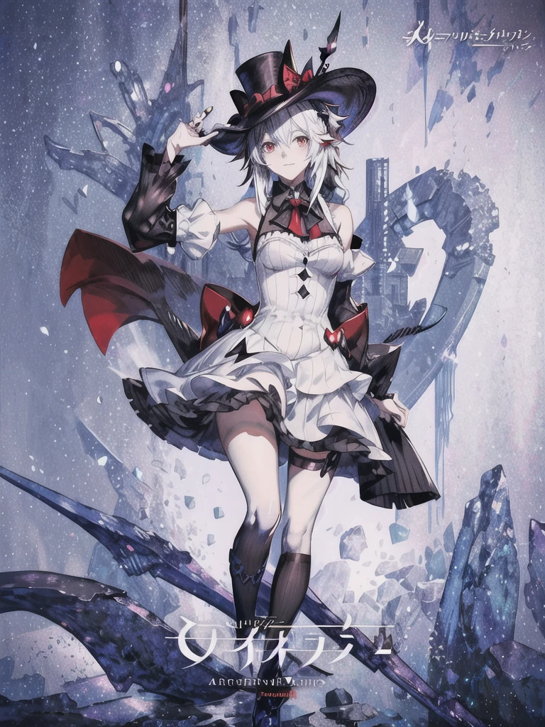 a close up of a person with a hat and a top hat, kawacy, anime cover, gothic harts, shadowverse style, from arknights, high detailed official artwork, black and white with red hearts, harley queen, nightcore, monochrome and red color bleed, light novel cover art, artbook artwork, artwork in the style of guweiz