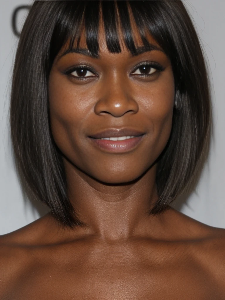 Robin Givens, (((snub nose))), (30 years old), (ugly_face:1.3), (dark skintone), (bob cut with bangs), 1girl, solo, grainy, amateur photo, smirk