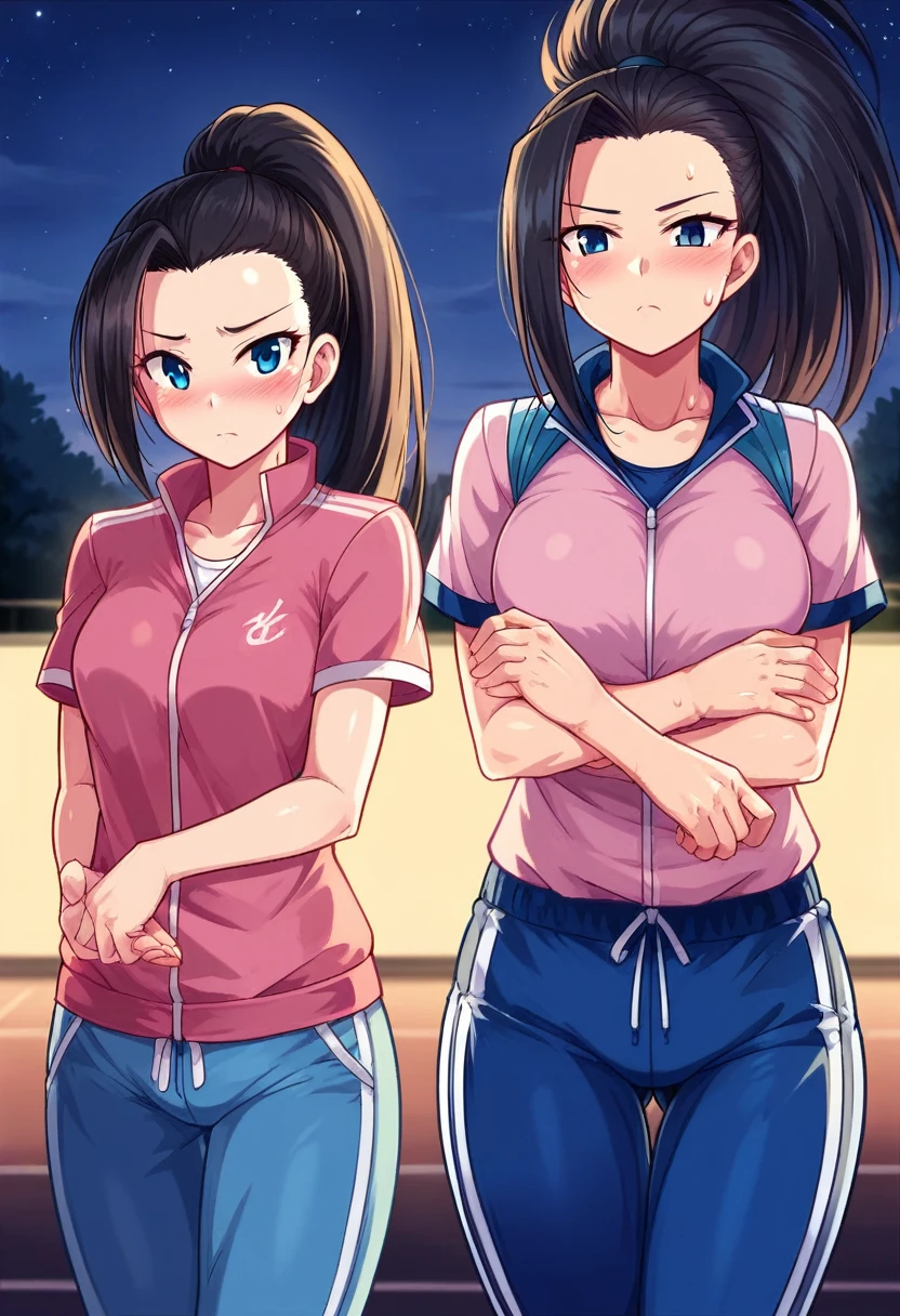 yaoyorozumomo, yaoyorozu momo, (Momo Yaoyorozu:1.2), Long Hair, bangs, Black Hair, ponytail, (iris:1.5), high ponytail, wide ponytail, break collarbone, Short sleeve, pants, (Pink Shirt:1.2), blue pants, Tracksuits, track pants, sweatpants, break outdoors, night null, night, star \(null\), break looking at viewer, break (masterpiece:1.2), Highest quality, High resolution, unity 8k wallpaper, (shape:0.8), (Beautiful attention to detail:1.6), Highly detailed face, Perfect lighting, Extremely detailed CG, (Perfect hands, Perfect Anatomy),