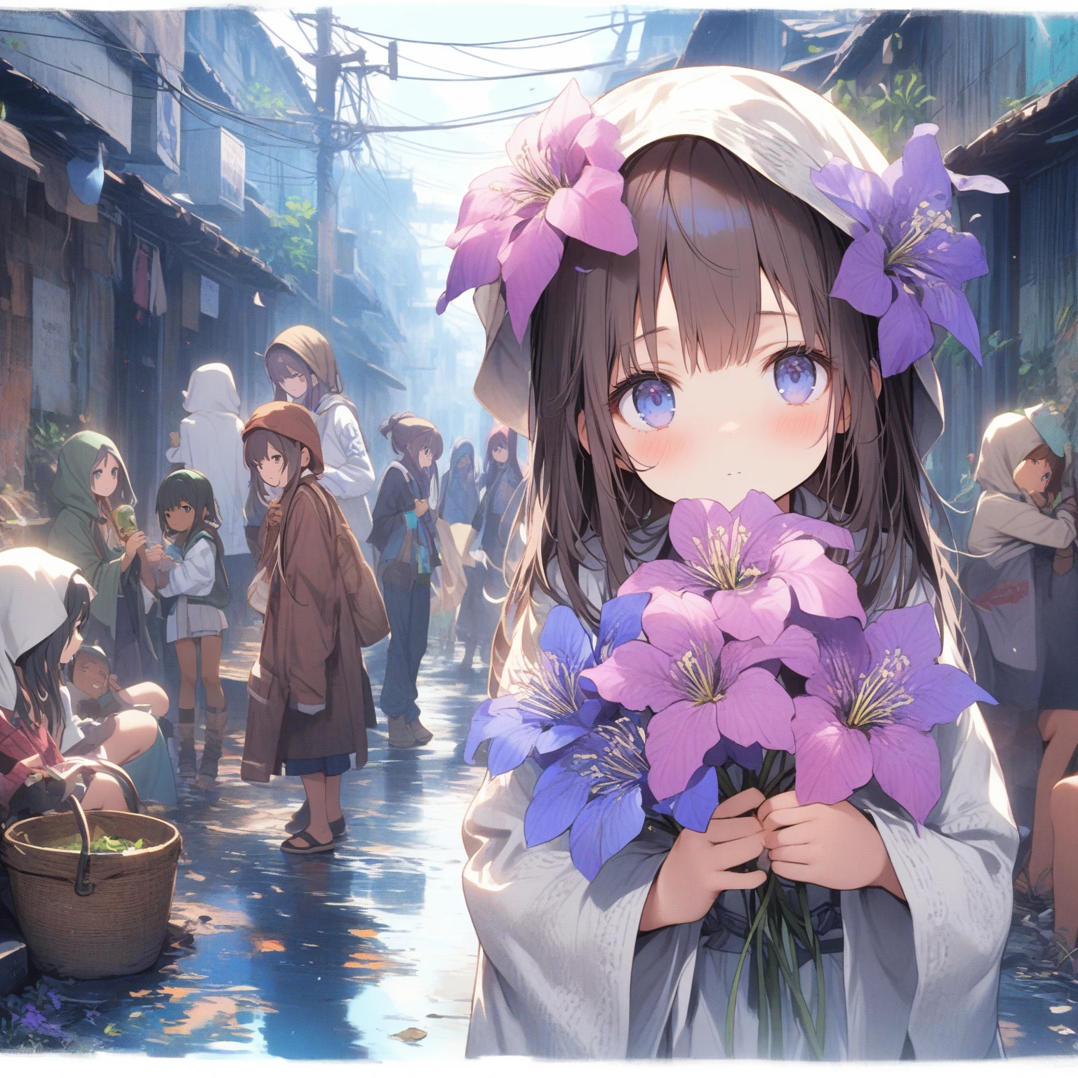 1girl、clematis、Street children in the slums、Beggar、「The beauty of the spirit」「Traveler's Joy」「Gambit」、tegaki、masterpiece, best quality, very aesthetic, absurdres, highly detailed,