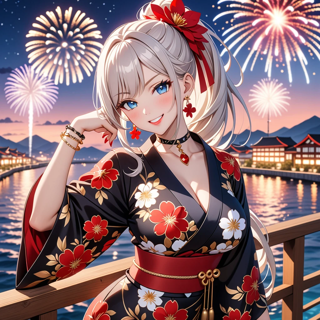 ((One personの女性)), Beautiful Face, (Laughing embarrassedly), (smirk:1.4), ((Wink:1.5)), (head tilt:1.3), Laugh with your mouth wide open, upper teeth, looking at viewer, (Doing sexy poses), ((Bright red cheeks:1.4)), Glossy Red Lips, night,Terrace with sea view, firework, Glossy pink lips, Shining Face, ((Anime style background)),masterpiece, Highest quality, so beautiful,up to date, Complex details, (long nails of red color), (nail art), (ring),(bracelet),(Floral choker), (helix piercing), AI-generated, Complex,High resolution, Highest quality, super high quality,3D Images、3D Images,One person,Long white hair,High Ponytail, Anime woman posing for a photo, ((blue eyes:1.2)), ((Fine grain、Silvery white eyes、Shining Eyes:1.1)), (Squint your eyes:1.1),a hyperRealistic , hyperRealistic , Realistic,Anime woman with long white hair, Smooth anime CG art, (A woman in a colorful kimono with gold embroidery), ((Black long sleeve kimono:1.3)), Red floral pattern,Long flower hair ornament,Earrings,Mature Body,(Big Breasts:1.2),Tall,Abdominal muscles,Tight waist, ((face focus:1.5)), (dutch angle:1.3),