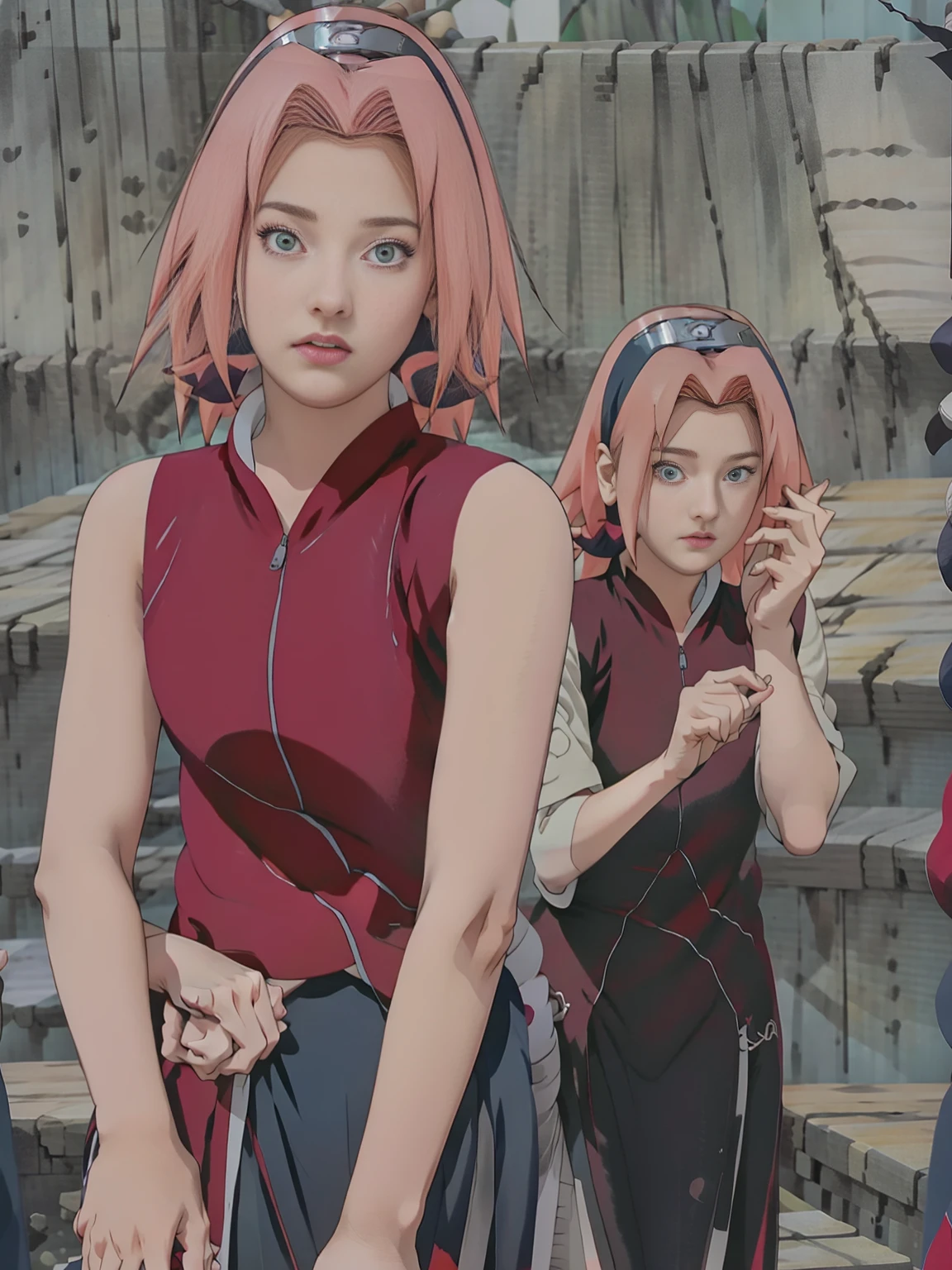 Japanese cartoons girl with pink hair and green eyes staring at something, Sakura Haruno, Sakura Haruno in slug sage mode, Sakura Haruno, Golden Eye Circle, Japanese cartoons style”,Gold Collar, Pure white off-shoulder top，screenshot from a 2012s Japanese cartoons, Fine details. Japanese cartoons. From &quot;Final Fantasy 13&quot;, as an Japanese cartoons character