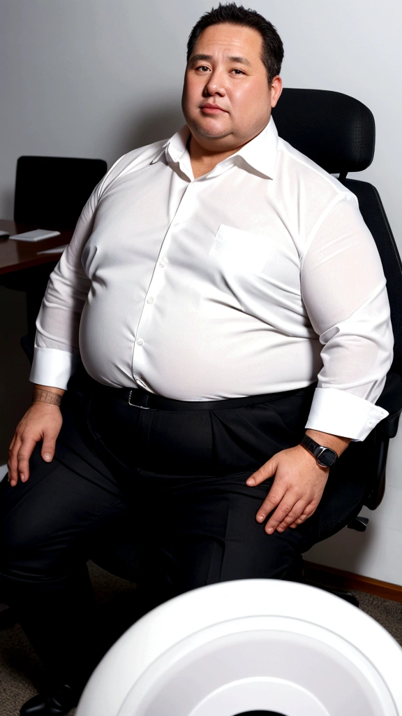 high quality,ultra detailed,best quality,Fat man,50 years old,detailed face,white business shirt transparent with sweat,Black slacks,President's office,sitting on chair,full body,Sweaty,chubby,