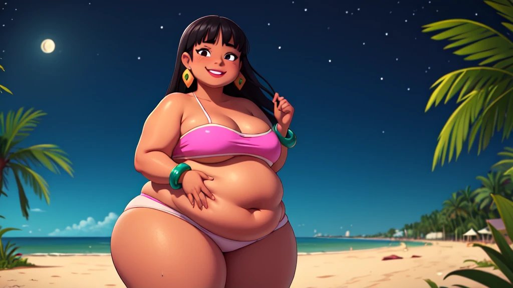 (work of art:1.2, best qualityer:1.2, dark ambient:1.1), SSBBW, Giant breasts, thunder thighs, soft, 1 girl, standing alone, Chel, Bblack hair, long hair, hombus stripe, eyes browns, darkskin, lipstick, breasts big, Broad Hips, top of the tube, neckleace, bared shoulders, emerald earrings, emerald bracelets, looking at the camera with a smug expression on his face, beach background, very large body, fat belly rolls, big breasts, sexy smile, fat arms, thunder thighs, super fat, looking at viewer, wet clothes, sweating very hard, sexy looking, blob, night beach, céu estrelado, night, very dark ambient, pov, sexy ambient, small girl