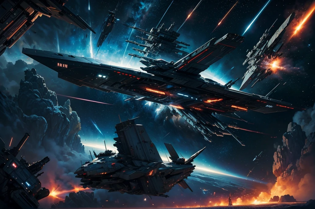 Depict an intense space war scene. Highlight massive starships in battle, firing energy beams, with smaller fighter ships zipping around. The backdrop should include a vibrant nebula and distant stars. Add explosions and debris from destroyed vessels, and emphasize the dynamic and chaotic nature of the conflict