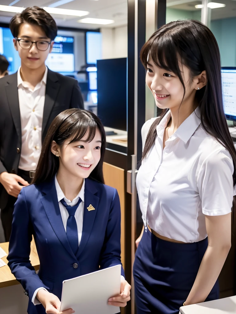 masterpiece、超High resolution、She is very cute and young like an idol...々Cute 18 year old business woman、((She is about the height of a middle school student.))、Gentle and cute、A kind smile、bikini、Medium Bust、Working in an office with a business desk in a building ((He is having a conversation with a male employee wearing a suit.)). whole body、RAW Photos、Genuine、High resolution、Live Action