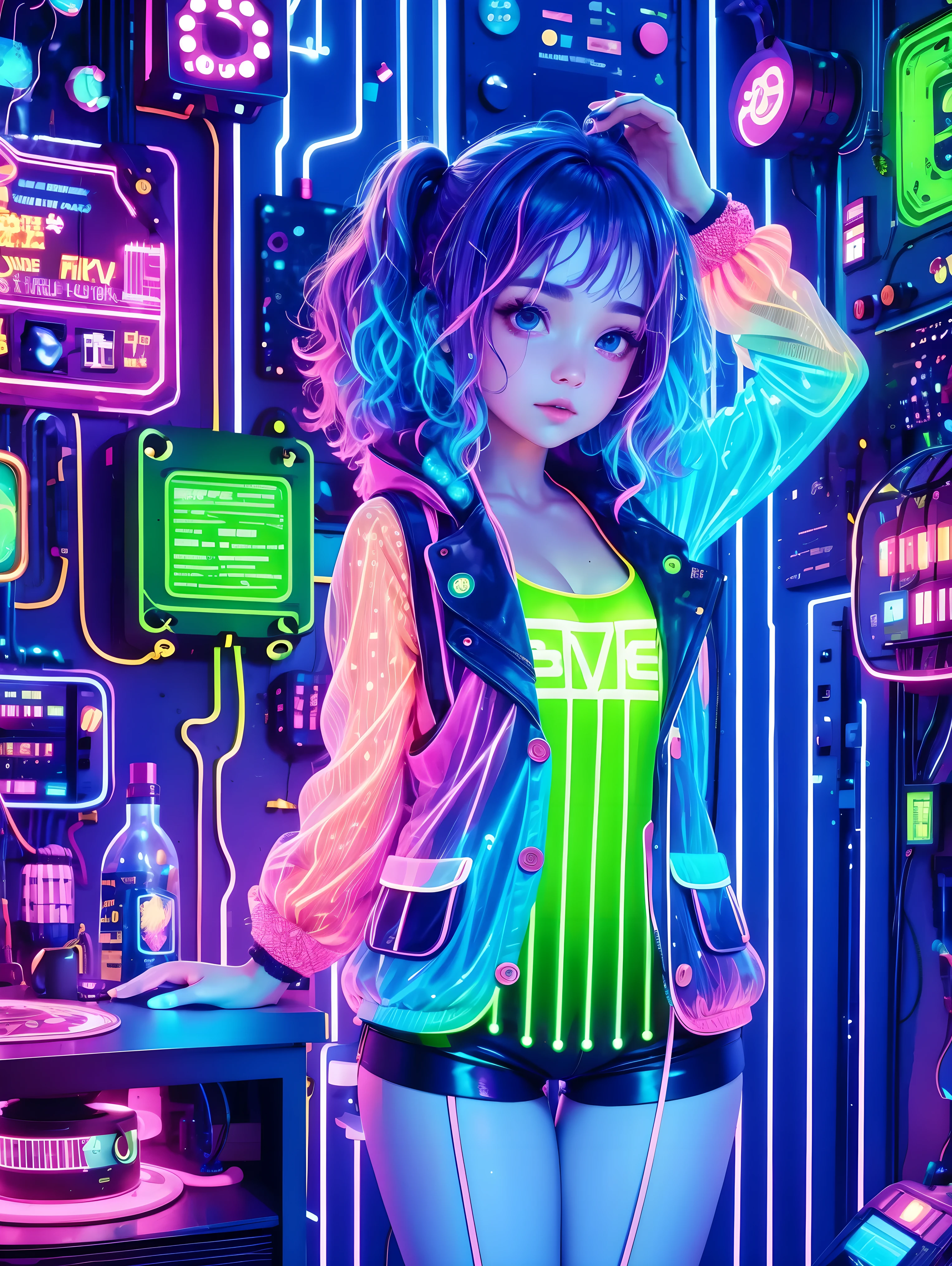 (neon lights),circuit tables,colorful hair,luminescent colors,lamp,(1 girl),look at camera,(slime girl),(Flowy sleeveless shorts:1.3),To the wall,big round eyes,beautiful,(UHD, Masterpiece, necessary, anatomically correct, textured skin, High details, high quality, awarded, 8k)
