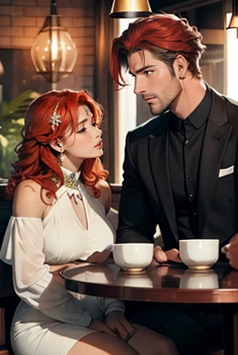 The picture shows a couple: a man with copper-red hair (A tall handsome, masculine adult red-haired man with green eyes, tanned skin, long curly copper-red hair), sitting at a table in a restaurant with a black-haired woman (an incredibly handsome young femme fatale black-haired woman, she has blue eyes, short black hair). They're in love. a man with copper-red hair, a black-haired woman.