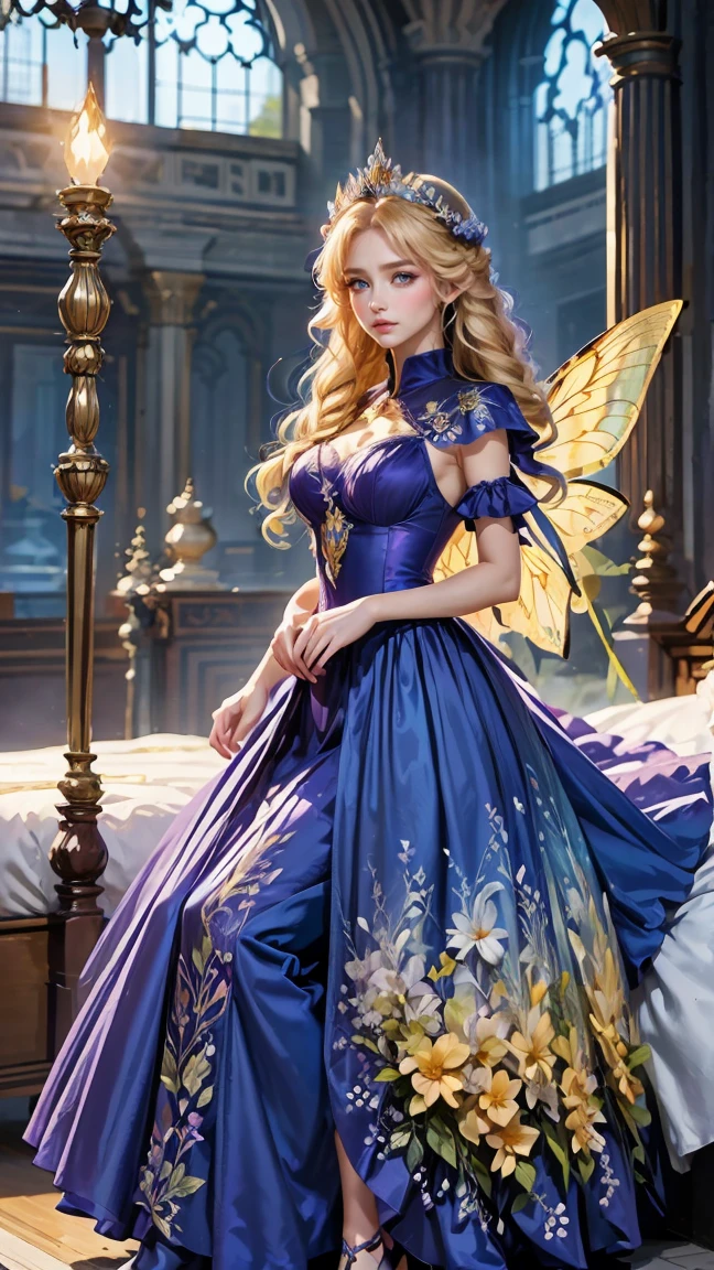 Best quality, masterpiece, ultra high res, raw photo, beautiful and aesthetic, deep shadow, fairy theme,(ultra detailed:1.3),
1girl, standing pose, flower headdress, drill hair, long hair, blonde hair, gradient hair, yellow eyes, solo, huge breasts, big hair, blue hair, divine goddess, looking at viewer, indoors, queen bedroom, empress bed, room full of curtain, astraea, full body, purple dress, fairy dress, transparant dress,