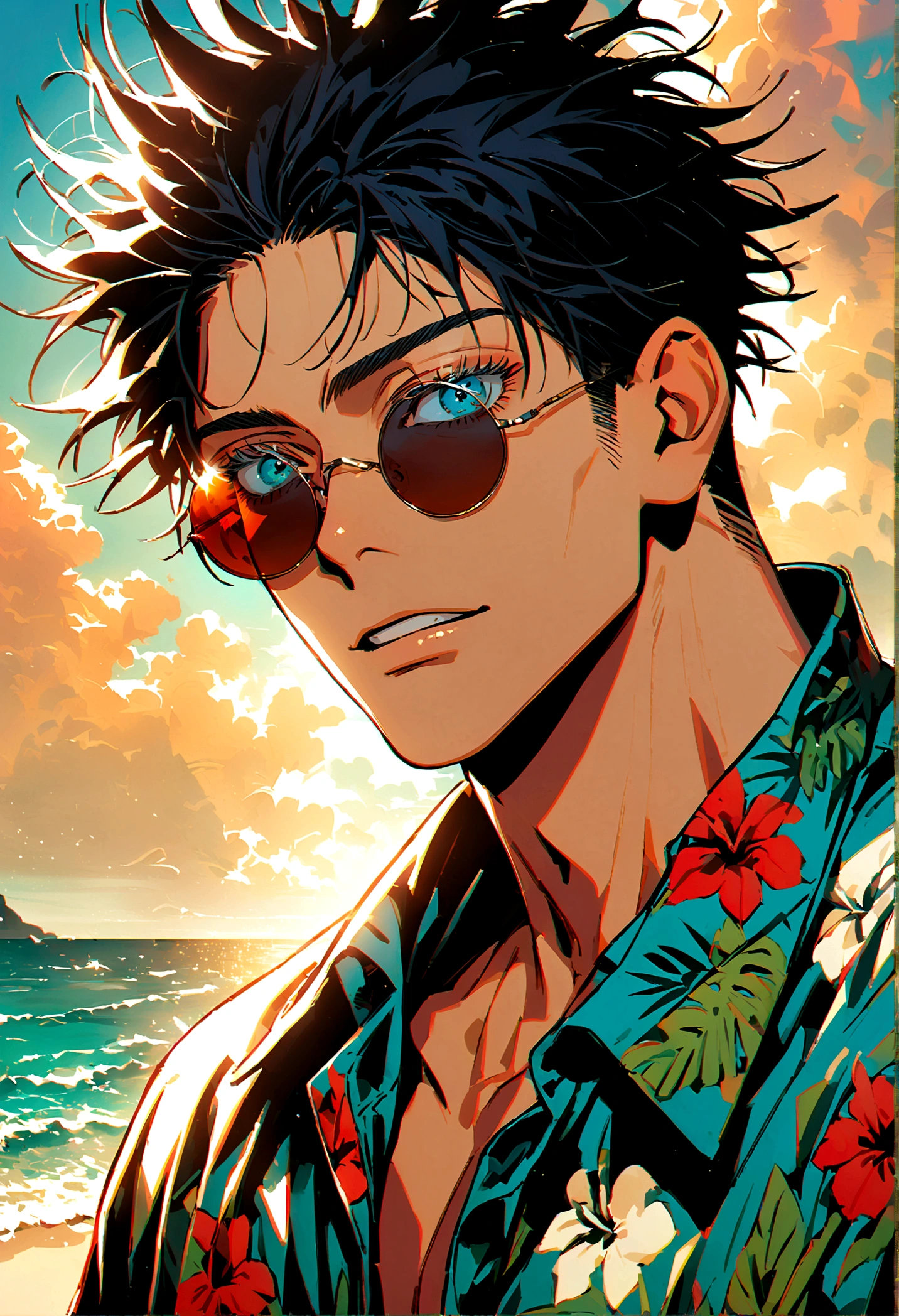 (1boy,gojou satoru,jujutsu kaisen),black hair, Hawaiian shirt,heatwave round lens sunglasses,artwork