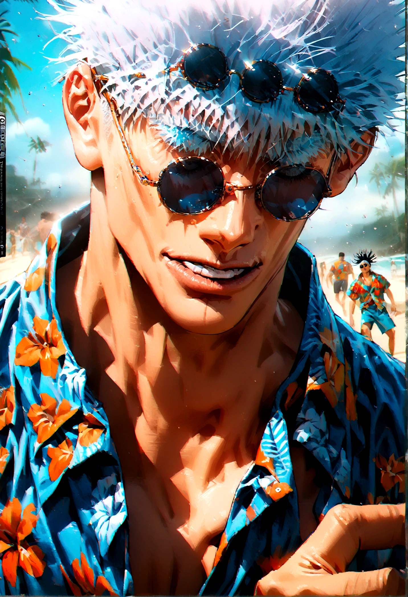 (1boy,gojou satoru,jujutsu kaisen),black hair, Hawaiian shirt,heatwave round lens sunglasses,artwork