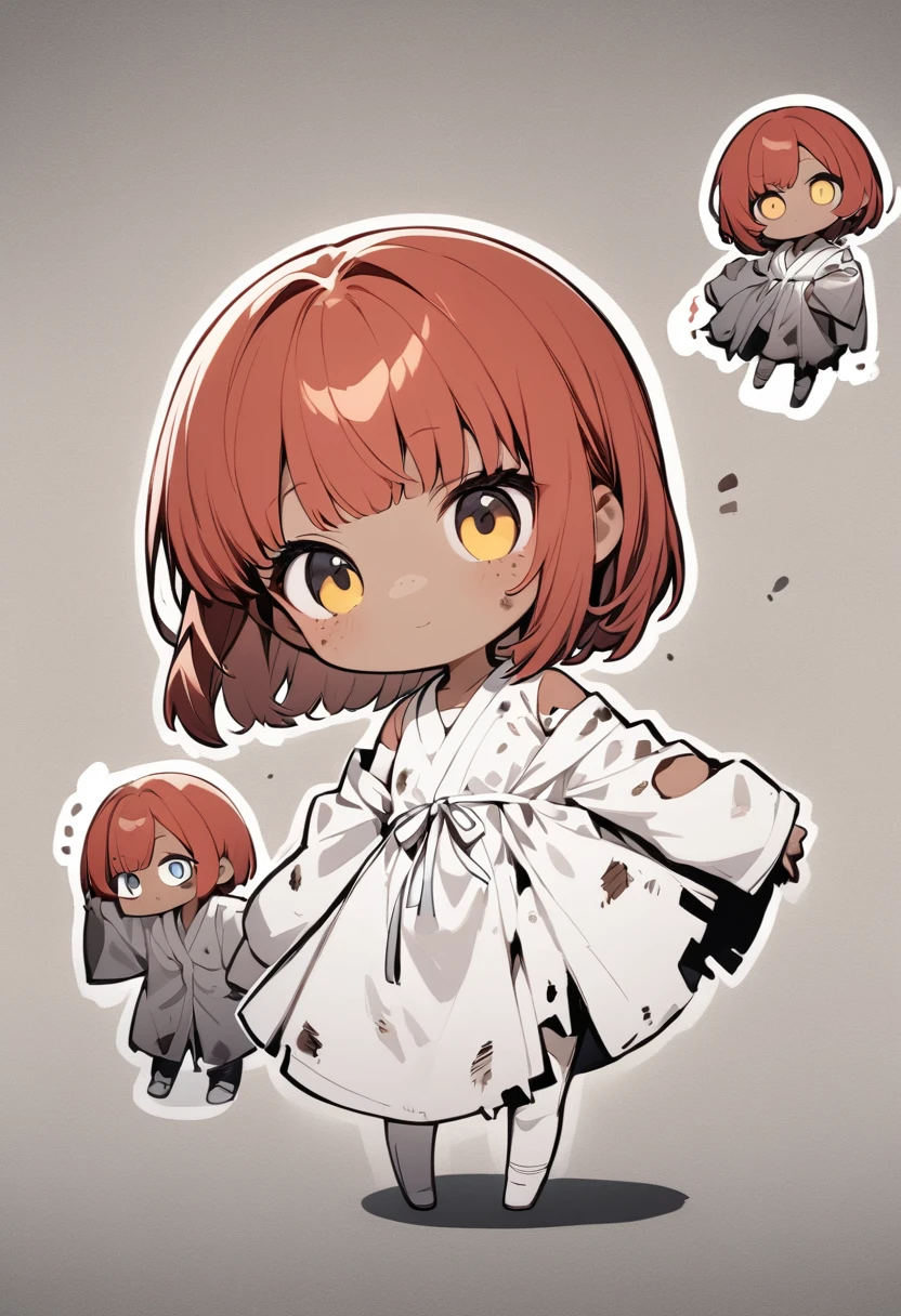 full body,1 girl, Android girl, (cute:1.3),red Hair, left eye blue, right eye yellow, tan skin, freckles, {Bare shoulders, oversized torn hospital gown, old, dirty material,chibi emote, chibi character, emotionless eyes