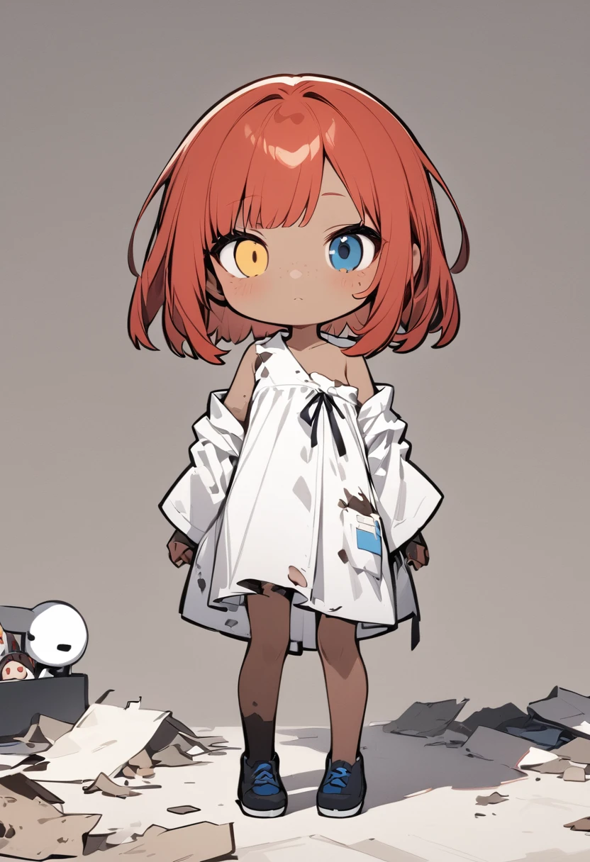 full body,1 girl, Android girl, (cute:1.3),red Hair, left eye blue, right eye yellow, tan skin, freckles, {Bare shoulders, oversized torn hospital gown, old, dirty material,chibi emote, chibi character, emotionless eyes