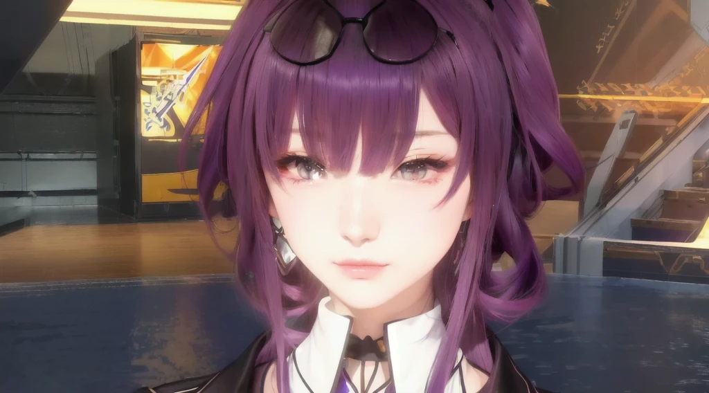 anime girl with purple hair and sunglasses in a room, ayaka genshin impact, from the azur lane videogame, ayaka game genshin impact, azur lane style, hanayamata, fate grand order, characters from azur lane, noire moody scene, smug smirk, roguish smirk, rin, akasuki voidstar