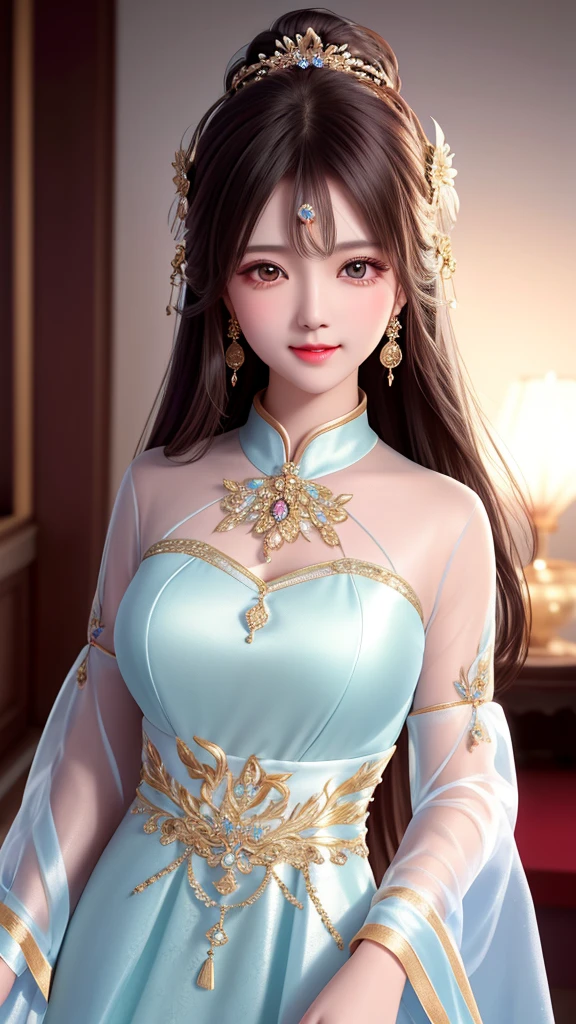 a beautiful girl in a transparent silk china dress, wearing a hair ornament and jewelry, looking at the viewer with a subtle smile, against a dark studio backdrop with rim lighting and two-tone lighting, highly detailed skin, high resolution 8K photograph with soft, volumetric lighting, candid, and bokeh effect