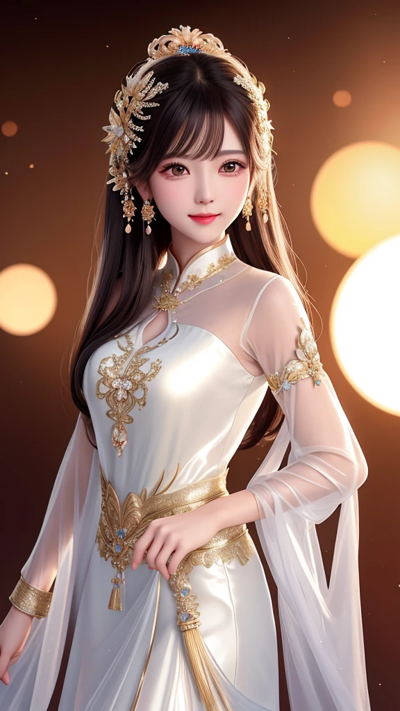 a beautiful girl in a transparent silk china dress, wearing a hair ornament and jewelry, looking at the viewer with a subtle smile, against a dark studio backdrop with rim lighting and two-tone lighting, highly detailed skin, high resolution 8K photograph with soft, volumetric lighting, candid, and bokeh effect