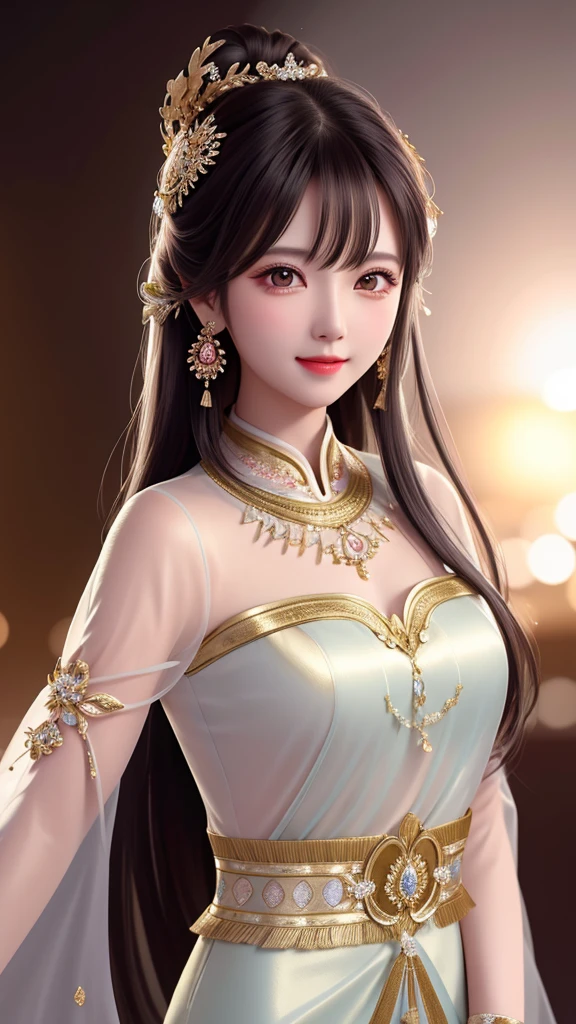 a beautiful girl in a transparent silk china dress, wearing a hair ornament and jewelry, looking at the viewer with a subtle smile, against a dark studio backdrop with rim lighting and two-tone lighting, highly detailed skin, high resolution 8K photograph with soft, volumetric lighting, candid, and bokeh effect