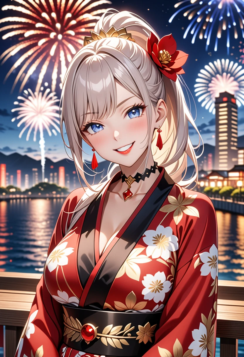 ((One personの女性)), Beautiful Face, (Laughing embarrassedly), (smirk:1.4), ((Wink:1.5)), (head tilt:1.3), Laugh with your mouth wide open, upper teeth, looking at viewer, (Doing sexy poses), ((Bright red cheeks:1.4)), Glossy Red Lips, night,Terrace with sea view, firework, Glossy pink lips, Shining Face, ((Anime style background)),masterpiece, Highest quality, so beautiful,up to date, Complex details, (long nails of red color), (nail art), (ring),(bracelet),(Floral choker), (helix piercing), AI-generated, Complex,High resolution, Highest quality, super high quality,3D Images、3D Images,One person,Long white hair,High Ponytail, Anime woman posing for a photo, (Light blue eyes:1.2), ((Fine grain、Bluish, lightly pigmented eyes、Shining Eyes:1.3)), (Squint your eyes:1.1),a hyperRealistic , hyperRealistic , Realistic,Anime woman with long white hair, Smooth anime CG art, (A woman in a colorful kimono with gold embroidery), ((Black long sleeve kimono:1.3)), Red floral pattern,Long flower hair ornament,Earrings,Mature Body,(Big Breasts:1.2),Tall,Abdominal muscles,Tight waist, ((face focus:1.5)), (dutch angle:1.3),