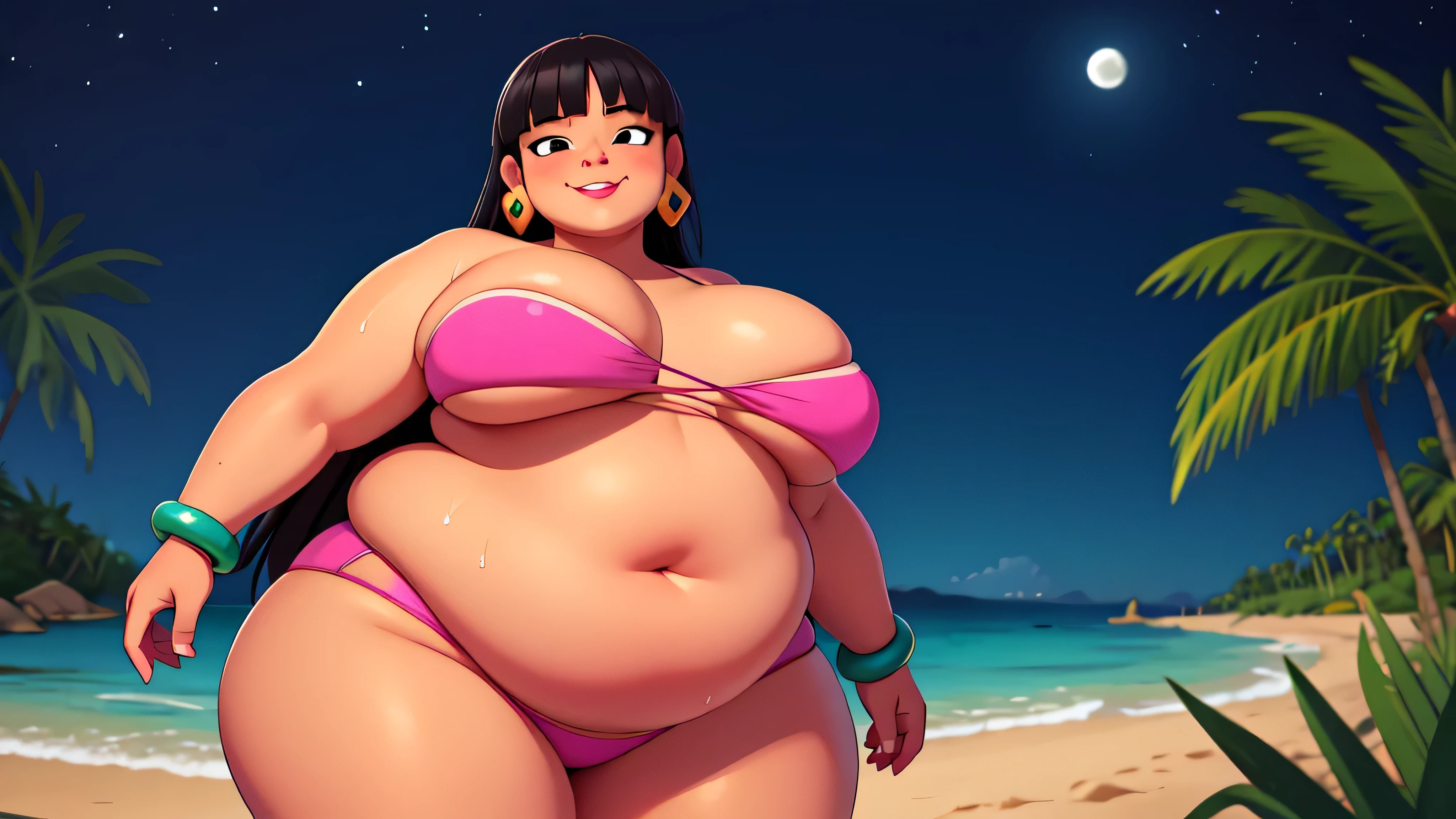 (work of art:1.2, best qualityer:1.2, dark ambient:1.1), SSBBW, Giant breasts, thunder thighs, soft, 1 girl, standing alone, Chel, Bblack hair, long hair, hombus stripe, eyes browns, darkskin, lipstick, breasts big, Broad Hips, top of the tube, neckleace, bared shoulders, emerald earrings, emerald bracelets, looking at the camera with a smug expression on his face, beach background, very large body, fat belly rolls, big breasts, sexy smile, fat arms, thunder thighs, super fat, looking at viewer, wet clothes, sweating very hard, sexy looking, blob, night beach, céu estrelado, night, very dark ambient, pov, sexy ambient, small girl