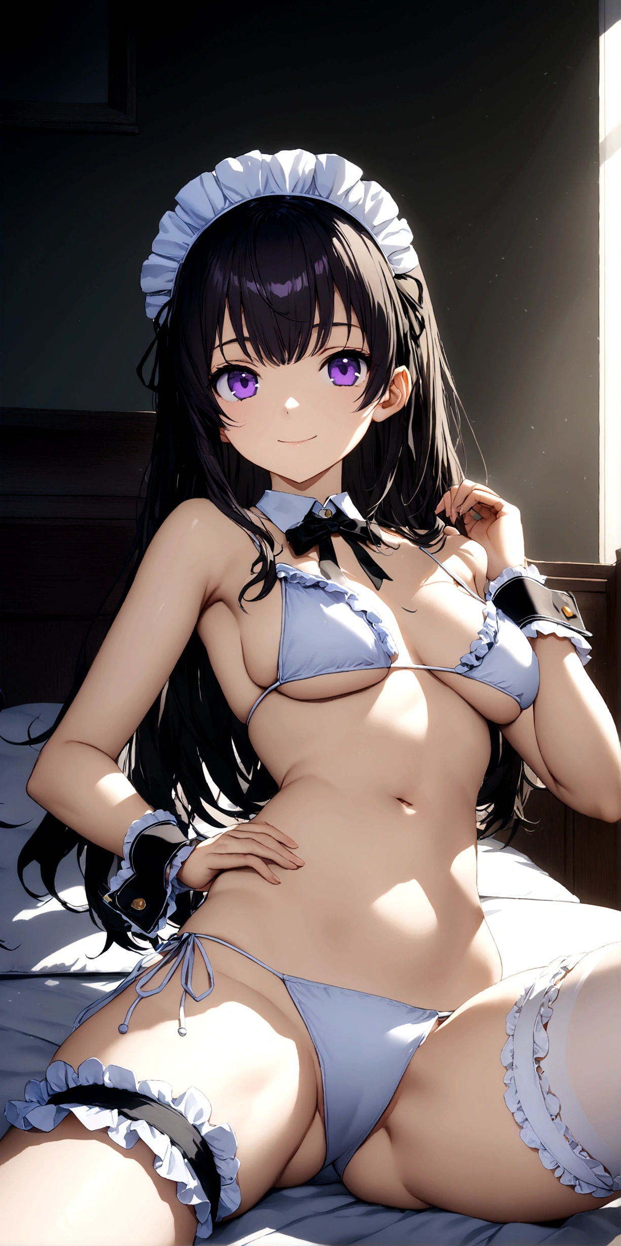 ((32k)), ((best quality)), ((ultra high res)), ((HDR)), ((UHD)), ((extremely detailed CG)), ((unity 32k wallpaper)), (((18 years old))), 1 girl, closed mouth, purple eyes, swimsuit, bikini, thighs, cowboy shot, frills, indoors, hand up, stomach, white thighhighs, hand on hip, wrist cuffs, maid, maid headdress, bare arms, skindentation, detached collar, side-tie bikini bottom, white bikini, single thighhigh, string bikini, frilled bikini, bridal garter, maid bikini, smile, large breasts, (Lie on the bed), (Spread your legs wide),
