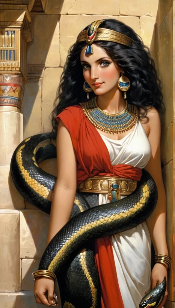 Femme avec une grosse poitrine, avec une peau de serpent, de l'Égypte antique, dans un temple égyptien, porte une robe rouge et couleur sable, épousant le corps, a de long cheveux noirs orné de nombreux bijoux,  est enceinte de nombreux serpent, a la poitrine gonflé de lait, des crochets de serpent, visible en souriant, a des yeux doré a pupilles reptilienne, porte un cobra noir 