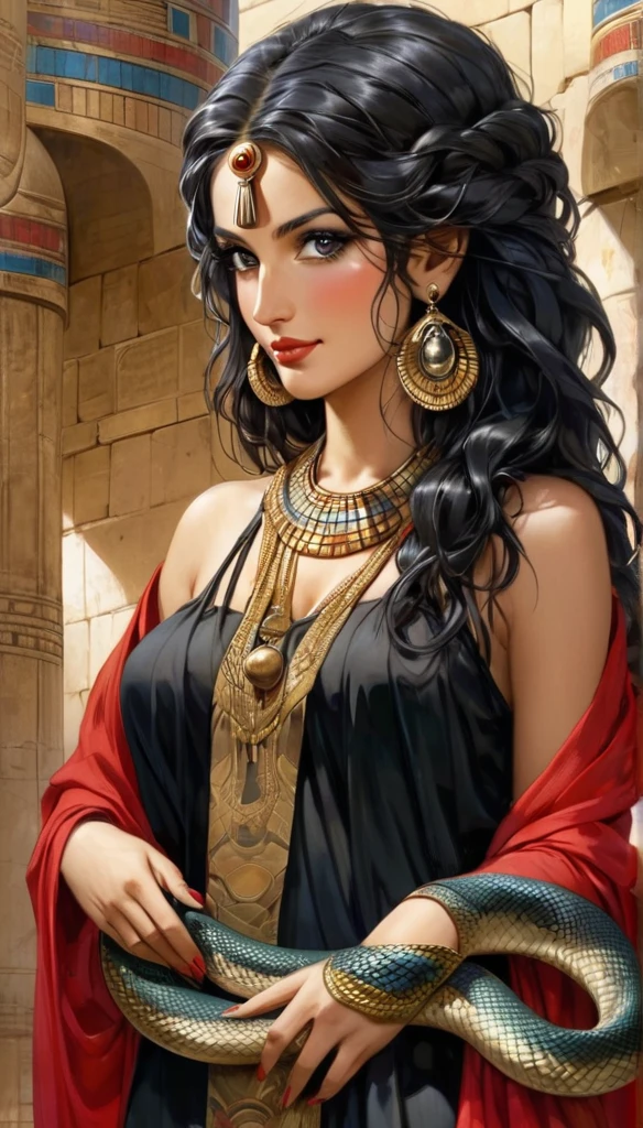 Femme avec une grosse poitrine, avec une peau de serpent, de l'Égypte antique, dans un temple égyptien, porte une robe rouge et couleur sable, épousant le corps, a de long cheveux noirs orné de nombreux bijoux,  est enceinte de nombreux serpent, a la poitrine gonflé de lait, des crochets de serpent, visible en souriant, a des yeux doré a pupilles reptilienne, porte un cobra noir 