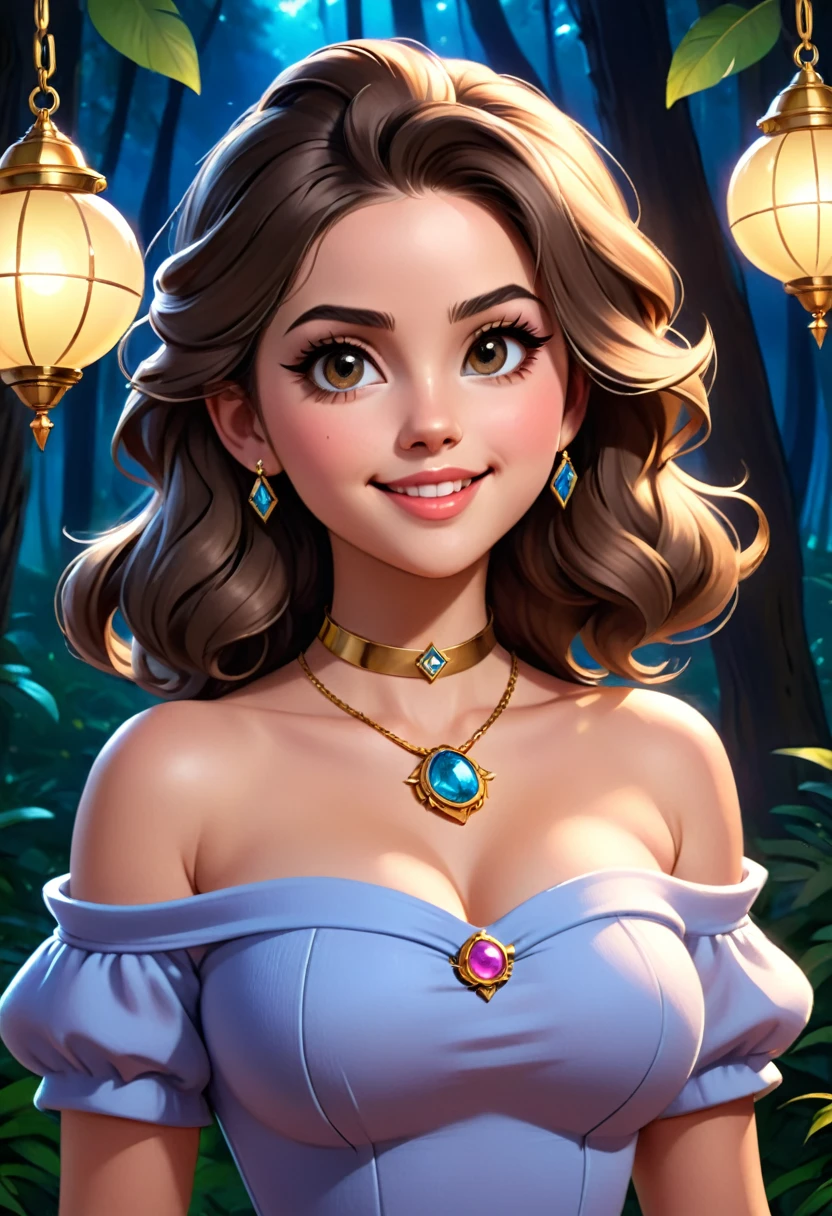 masterpiece, best quality, highly detailed, 1girl, solo, twintails, off-shoulder sweater, choker, large glasses, gold locket, jacket, hairband, looking at viewer, smile, blush, Wide Smile, Eyes Detailed & Wide, sexy Pose. Ultra HD, Rococo-Inspired Fantasy Art With Intricate Details. Cute, Charming Expression, Alluring-Gaze, looking at viewer Beautiful Eyes, An-Ideal-Figure. Large Youthful Well-Shaped-Breasts, Massive-Round-Bosom, Décolletage. slim waist, fit body, full lipsWarm lights , woman in a dreamy forest at night, with fluffy hair, delicate face, realistic, real, slim, large aperture, sexy shots, attractive poses,Stunnin gly beautiful merge of Scarlett Johanson. Alison Brie, Selena Gomez. symmetrical face, photorealistic, photography, path tracing, specular lighting, volumetric face light, path traced hairmaximum quality{(masutepiece) (8K High Resolution) (top-quality) In the style of breath of the wild.