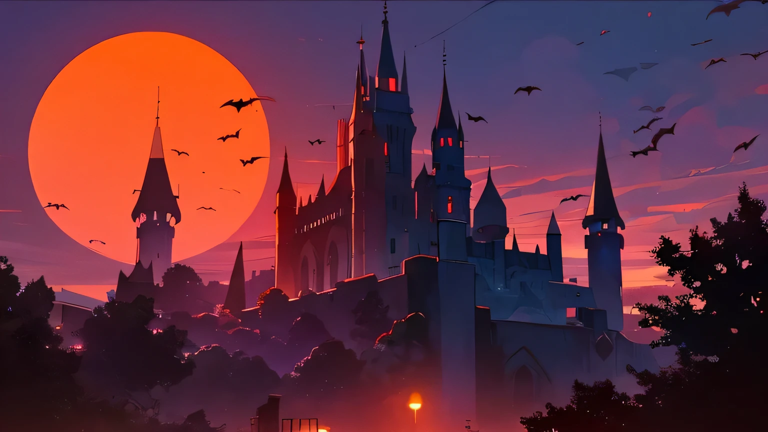 A vampire night in the night, a dark castle, red sunset and lots of bats in the background