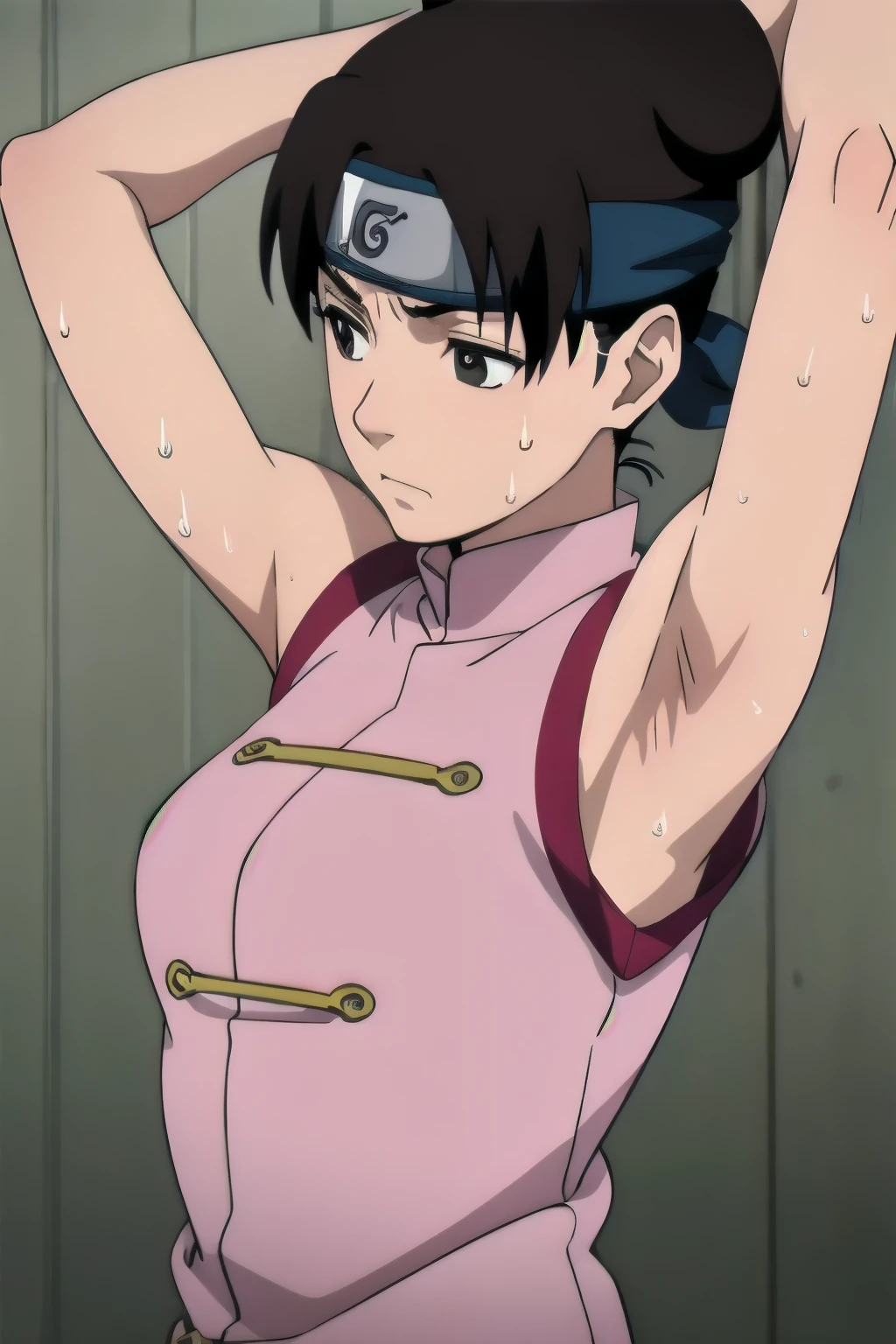 Tenten,solo,armpits,wet armpits, showing wet armpits, armpit,armpits,sweat,sweaty,sweaty armpits,awesome armpits,tired,exhausted,arms up,arm warmers,sleeveless, moderately sized breasts