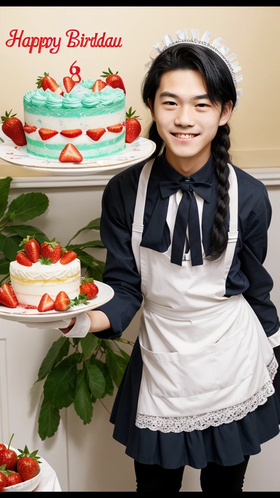 8k, ultra-detailed, illustration, (beautiful detailed eyes), beautiful, amazing, mature male, detailed eyes, (((masterpiece))), high school student council president, maid, maid headdress, tray, holding tray, cake slice, enmaided, strawberry, holding plate, plate, fruit, green background, maid apron, 1boy, strawberry shortcake, smile, white apron, hair between eyes, 1girl, birthday cake, fork, parfait, black hair, long hair, cherry, teacup, happy birthday, pastry, handsome high school boy, cool, stylish, , neat hair, charming smile, confident, standing next to maid