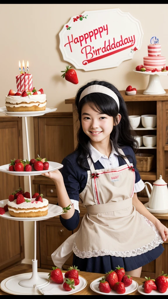 8k, ultra-detailed, illustration, (beautiful detailed eyes), beautiful, amazing, mature male, detailed eyes, (((masterpiece))), high school student council president, maid, maid headdress, tray, holding tray, cake slice, enmaided, strawberry, holding plate, plate, fruit, green background, maid apron, 1boy, strawberry shortcake, smile, white apron, hair between eyes, 1girl, birthday cake, fork, parfait, black hair, long hair, cherry, teacup, happy birthday, pastry, handsome high school boy, cool, stylish, , neat hair, charming smile, confident, standing next to maid