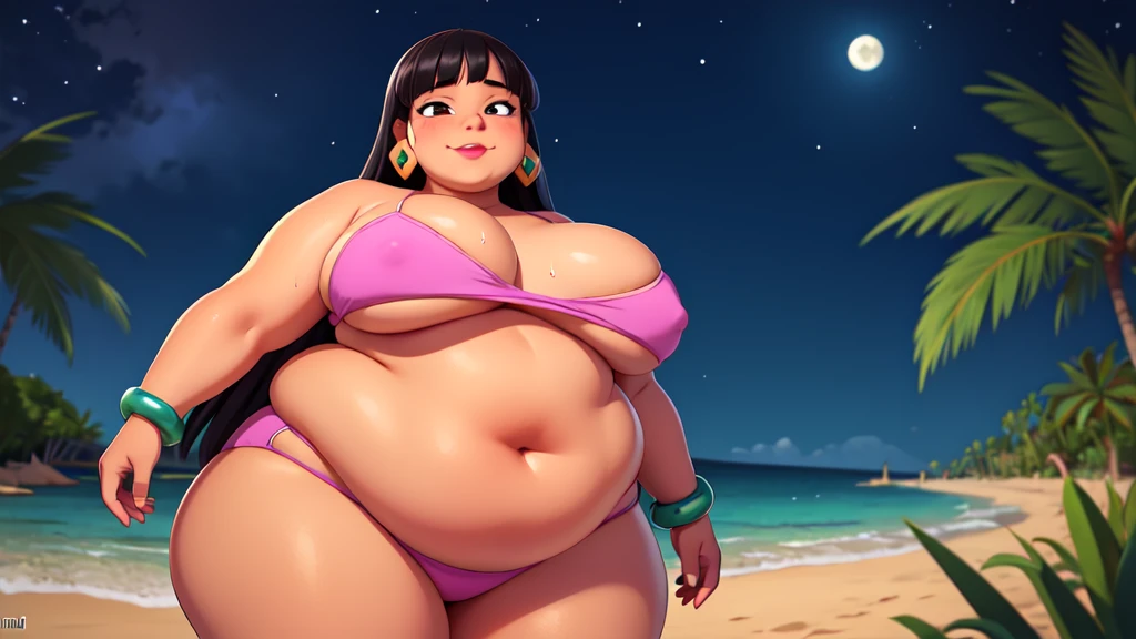 (work of art:1.2, best qualityer:1.2, dark ambient:1.1), SSBBW, Giant breasts, thunder thighs, soft, 1 girl, standing alone, Chel, Bblack hair, long hair, hombus stripe, eyes browns, darkskin, lipstick, breasts big, Broad Hips, top of the tube, neckleace, bared shoulders, emerald earrings, emerald bracelets, looking at the camera with a smug expression on his face, beach background, very large body, fat belly rolls, big breasts, sexy smile, fat arms, thunder thighs, super fat, looking at viewer, wet clothes, sweating very hard, sexy looking, blob, night beach, céu estrelado, night, very dark ambient, pov, sexy ambient, small girl