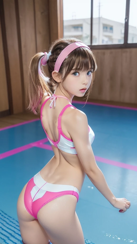 (((1 small cute girl/Super Flat Chest/back view/looking back))),(((At the resort))),(((innocent))),(((Petite figure))),(((Big Blue Eyes))),(Lightroom:1.13)、Soft Light、(Natural Skin Texture:1.2)、(Hyperrealism:1.2)、Sharp Focus、Highest quality, Photorealistic, In 8K, High resolution, (Skin Dentition), (Portrait:0.6), Pure Eros Face_v1:1,(((A pure 10-year-old))),(((back view))),Nice cute girl、(((hot pink and white and deep pink sports bra swimsuit/Small breasts:1.72))),((Dark blonde long straight hair/Hair band/Neckband, Parted bangs:1.7)), (((See through clothes))),(((Undersized clothing))),(((Revealing clothes))), (((Childlike)))、((())),(((Shot from below))),(((Super Flat Chest))),(((back view/looking back))),(((NSFW)))