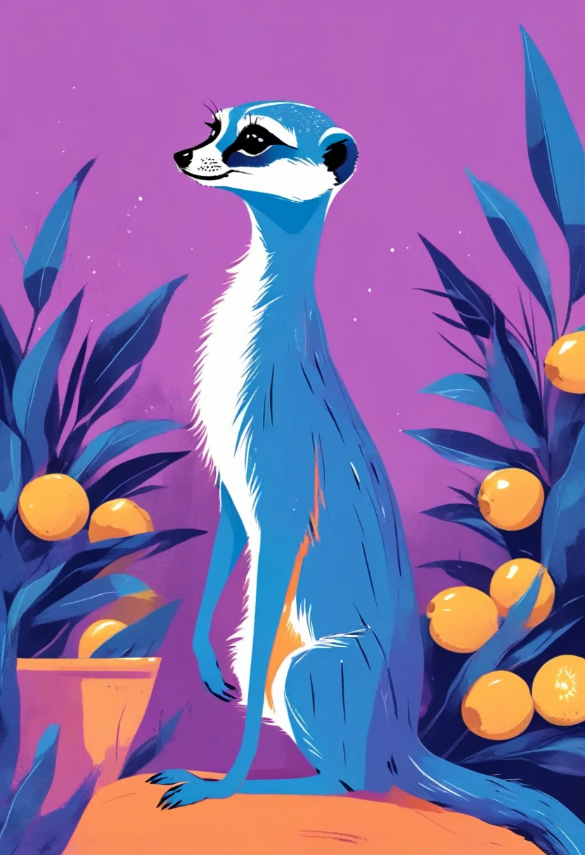 A blue and orange Meerkat in the style of illustrator Malika Favre,Rich details,the whole body, lemons and plants, with bold shapes and a simple vector art style, A concise and clean composition,against a purple background,