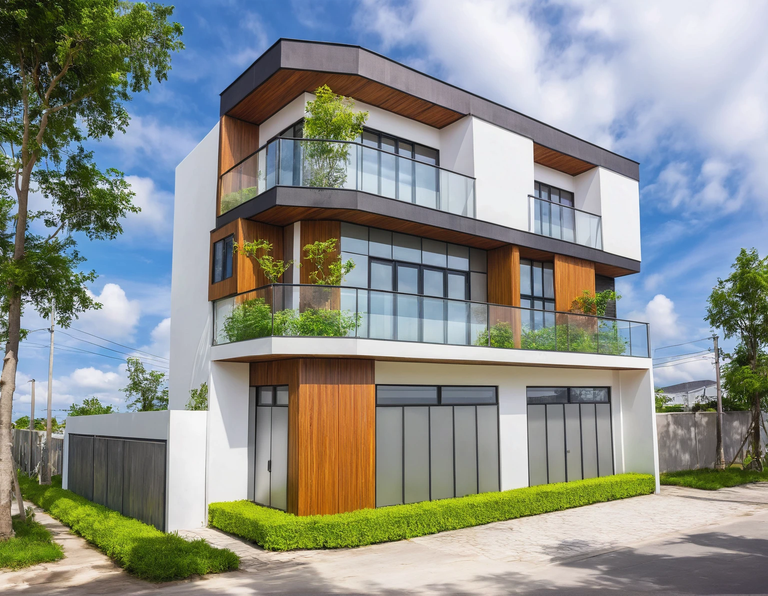 modern villa on street, (daylight), tropical tree, vivid colour, streetcapes, white tone, white wall, large glass door, warm interior lighting, wood and marble, best quality, 17ArchiAI_XL_VL-v1