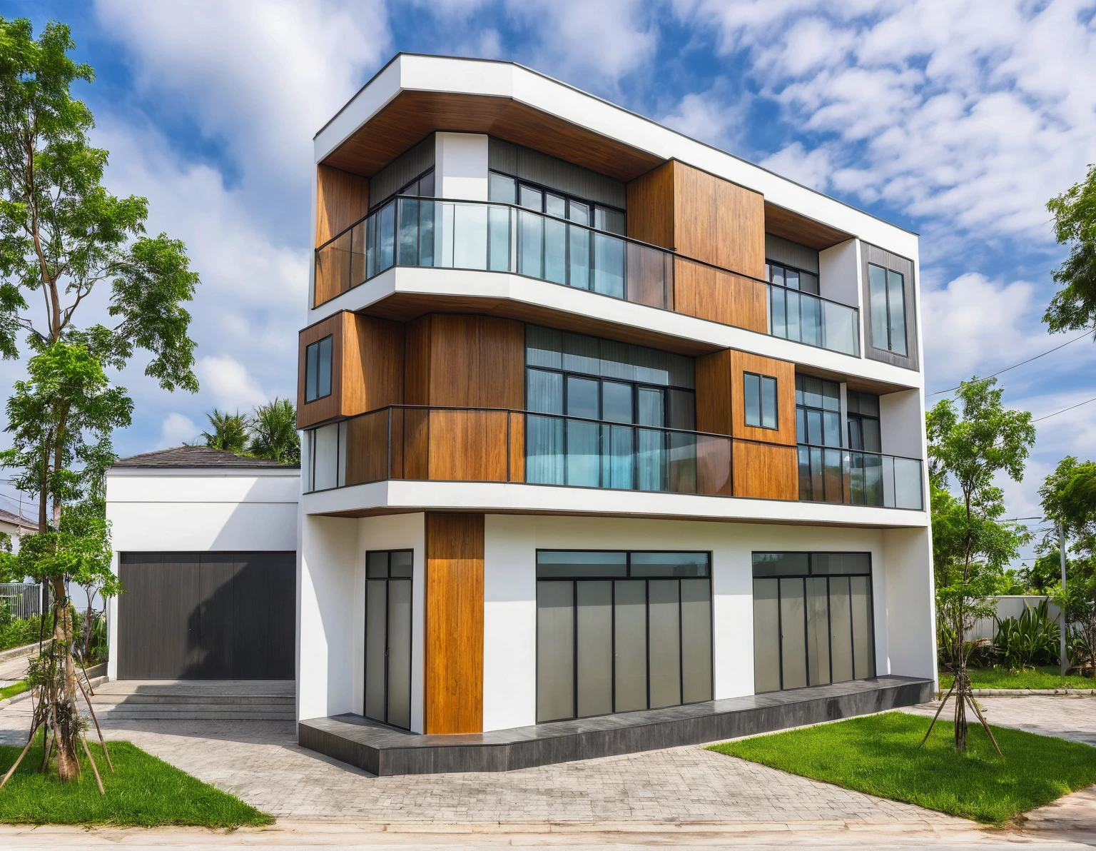 modern villa on street, (daylight), tropical tree, vivid colour, streetcapes, white tone, white wall, large glass door, warm interior lighting, wood and marble, best quality, 17ArchiAI_XL_VL-v1
